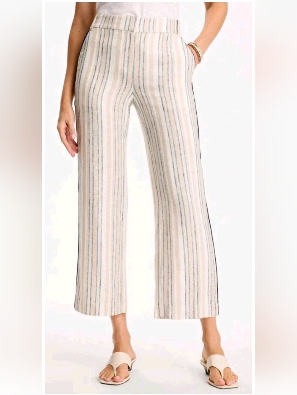Vintage Chicos Design Striped Linen Wide Leg Pants Festival Khaki Black Beach 3